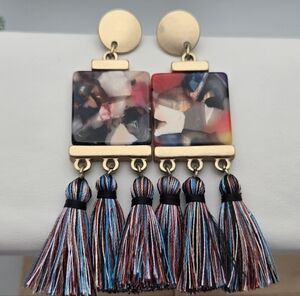 Bohemian Resin & Multicolor Tassel Dangle Earrings 3" Lightweight